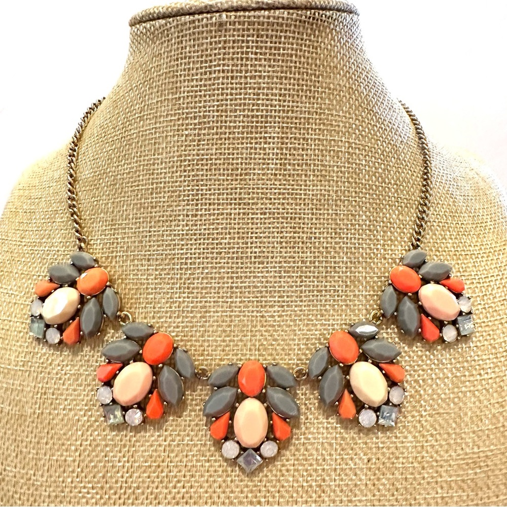 J. CREW Statement Necklace gold w/ jewels in gray, coral, pink, tan & AB